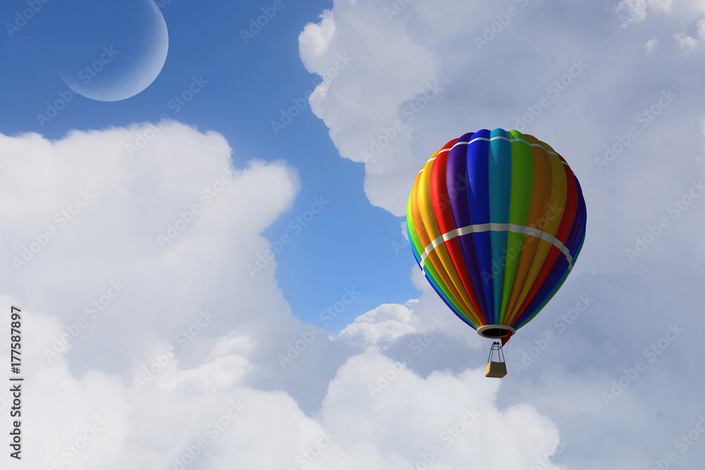 Fototapeta premium Aerostat floating in day sky. Mixed media