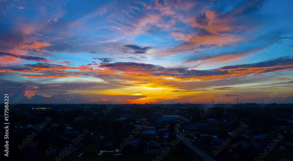 Top view or Aerial view Sunset in Phitsanulok province, Thailand