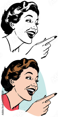 A laughing woman pointing at something interesting.