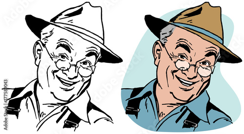 A smiling elderly man in glasses and a farmer's hat