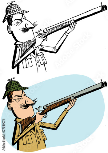 A hunter on safari points his shotgun at some wild game.