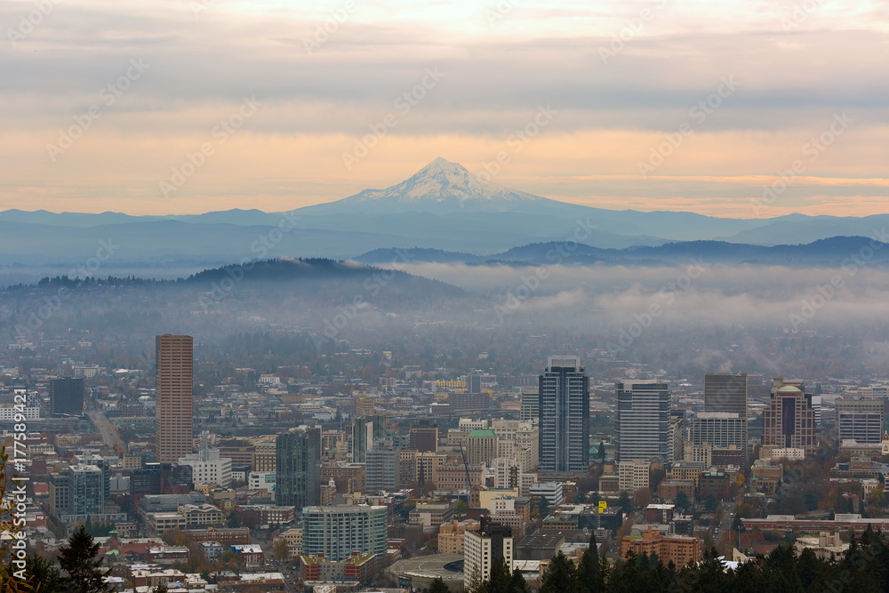 Fototapeta premium Mount Hood over Portland Downtown Cityscape in Oregon USA