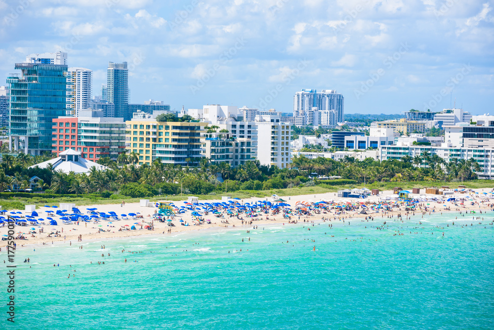 Naklejka premium South Beach, Miami Beach. Tropical and Paradise coast of Florida, USA. Aerial view.