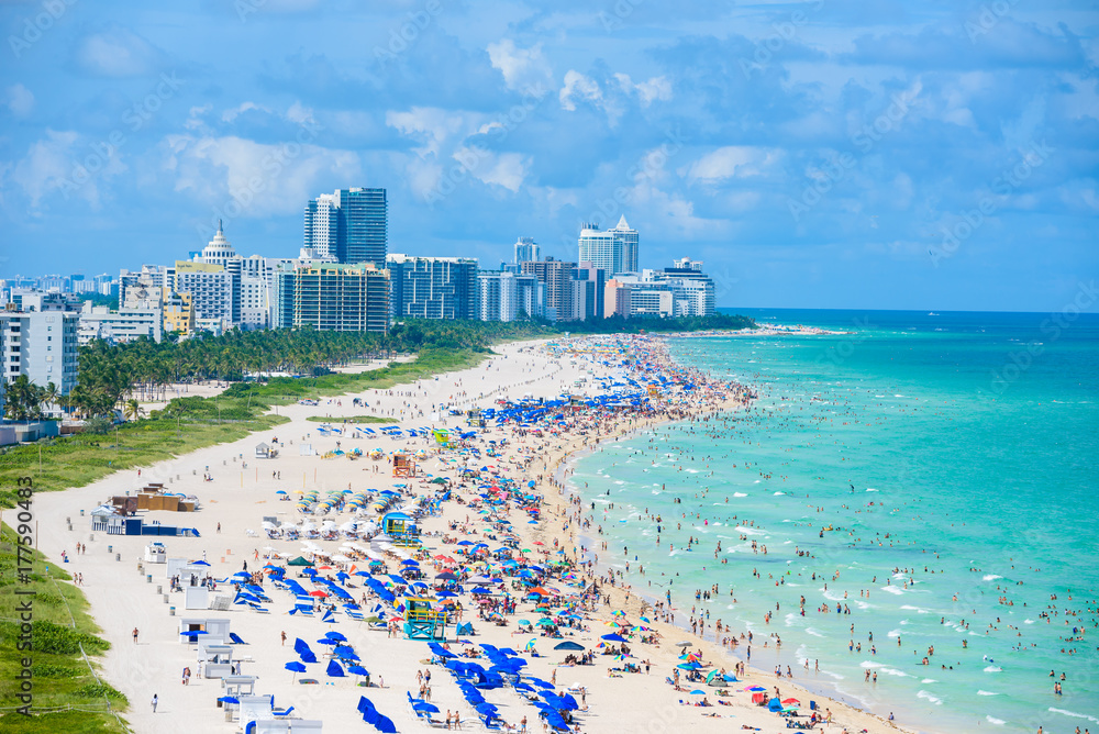 Naklejka premium South Beach, Miami Beach. Tropical and Paradise coast of Florida, USA. Aerial view.