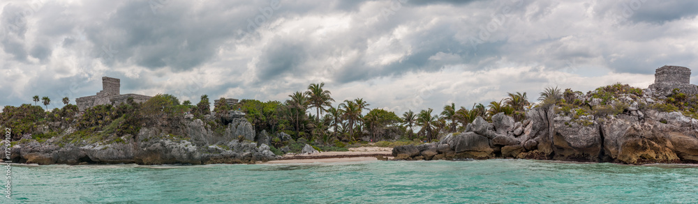 Panoramic View of Tulum Ruins from the Ocean, Quintana Roo, Mexico Panoramic View of Tulum Ruins from the Ocean, Quintana Roo, Mexico
