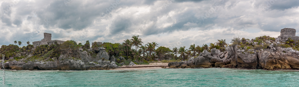 Panoramic View of Tulum Ruins from the Ocean, Quintana Roo, Mexico