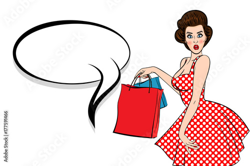 Pop art brunette woman vintage customer. Shop black friday sale. Sexy young attractive pinup girl hold bag. Retro wow surprised face open mouth. Speech bubble, empty comic text box. Female breast