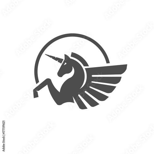 Winged unicorn logo vector illustration. Stylized mythical creature silhouette, horse winged logo vector,