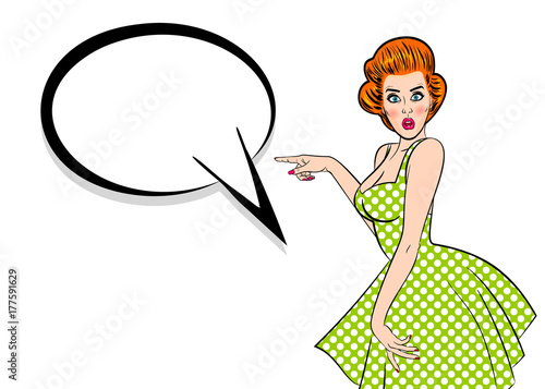 Red woman Pop art vintage customer. Sexy young attractive pinup girl show finger. Retro wow surprised face open mouth. Blank speech bubble, empty comic text box. Female fashion breast.