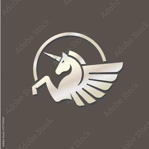 Winged unicorn logo vector illustration. Stylized mythical creature silhouette, horse winged logo vector,