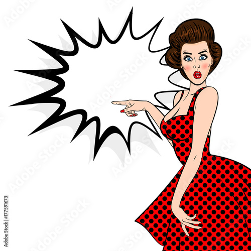 Sexy young attractive pinup girl show finger. Retro wow surprised face open mouth. Blank speech bubble, empty comic text box. Female fashion breast. Brunette woman Pop art vintage customer