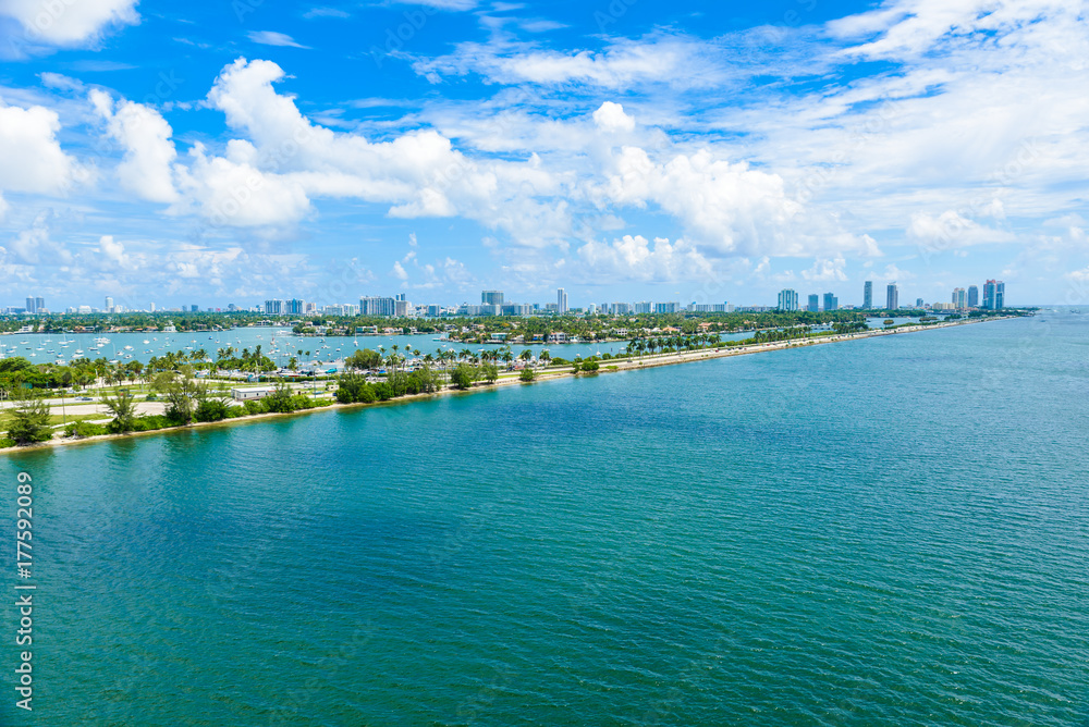 Miami Beach. Aerial view of Rivers and ship canal. Tropical coast of Florida, USA.