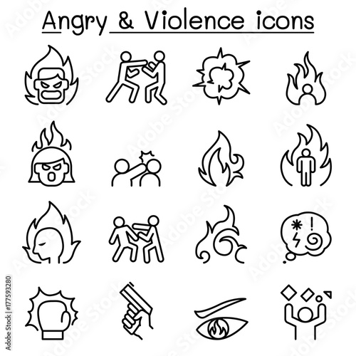 Angry & Violence icon set in thin lines style