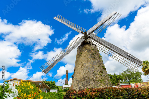 The Morgan Lewis Mill in Barbados - on tropical caribbean island - was the last working mill on the island and was believed to be built in 1727. Travel destination on island.