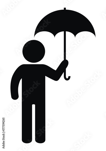 Figure and umbrella, vector icon, black silhouette