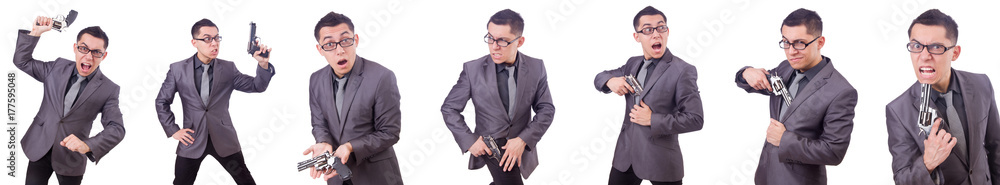 Funny businessman with gun on white Funny businessman with gun on white