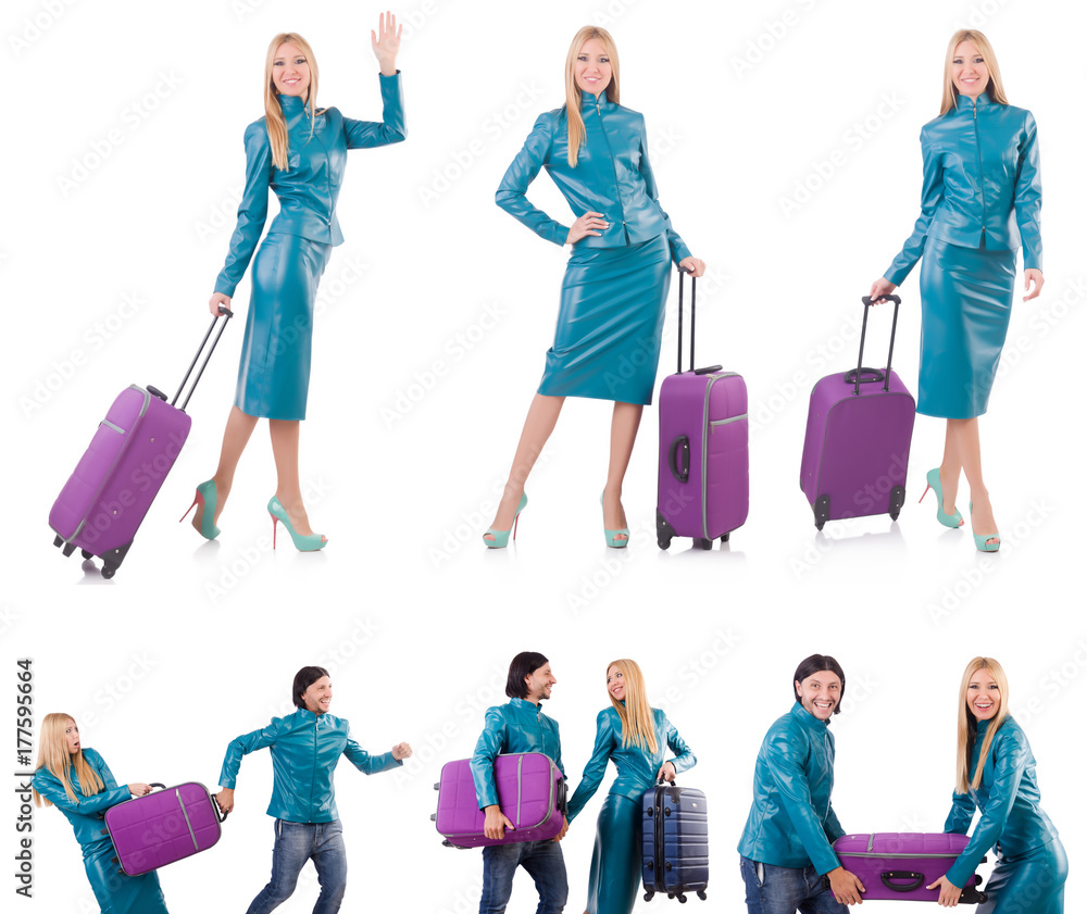 Woman preparing for vacation with suitcase on white Woman preparing for vacation with suitcase on white