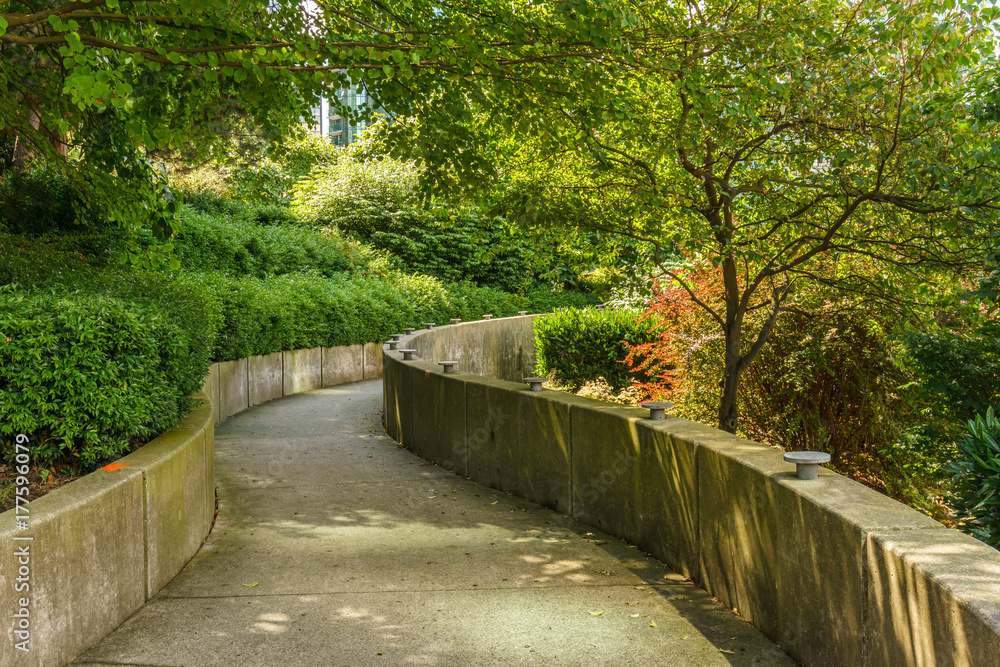 Concrete walk path in the green city park background. Concrete walk path in the green city park background.