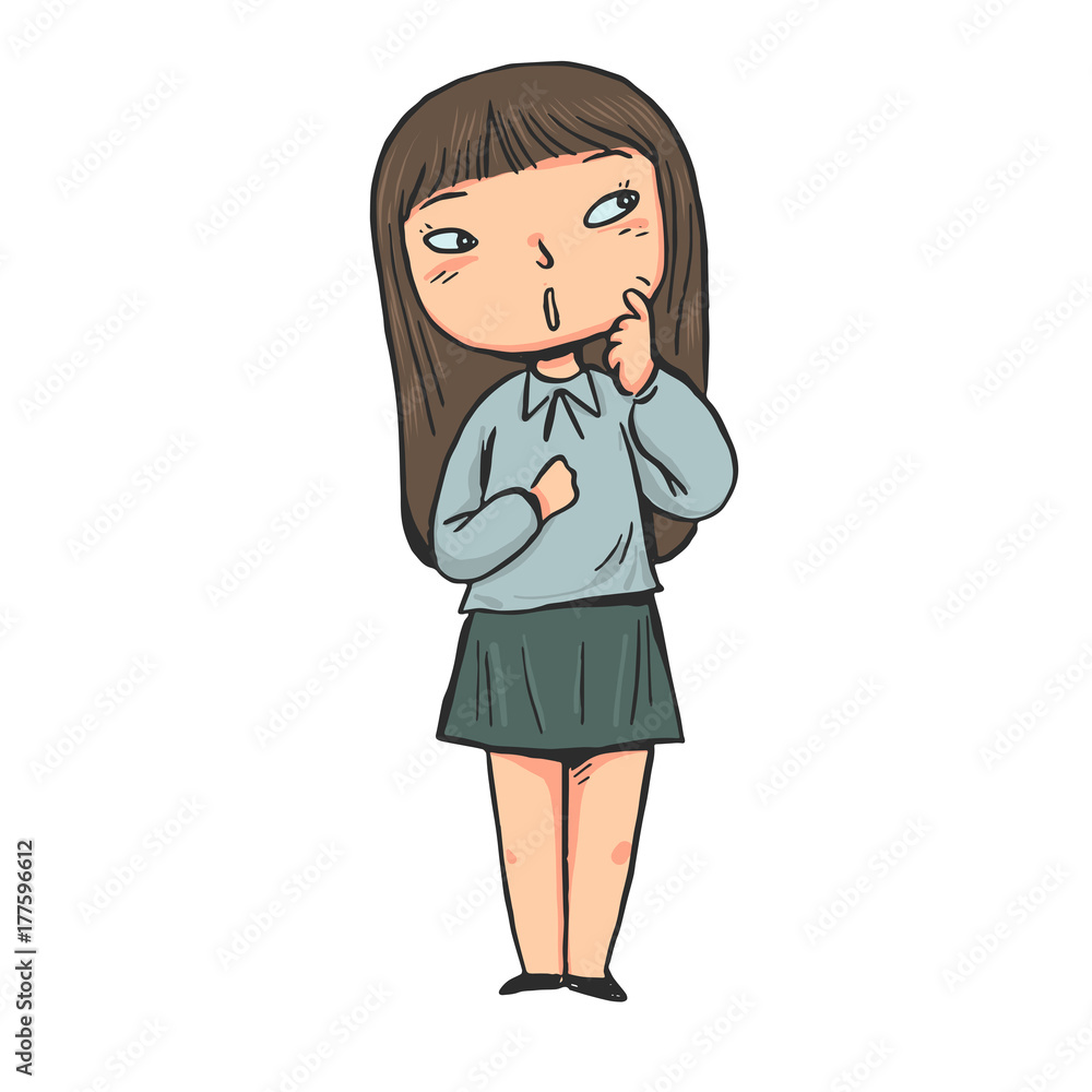 Hand drawn the girl was thinking, full-length portrait. Vector illustration on white background Hand drawn the girl was thinking, full-length portrait. Vector illustration on white background