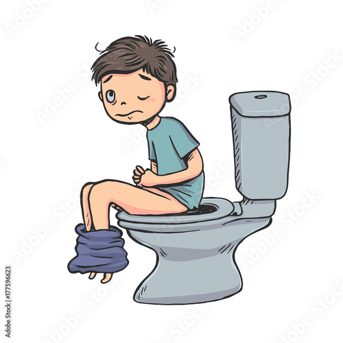 Hand drawn the boy sitting on the toilet. Shit expression awkward. Vector illustration on white background.