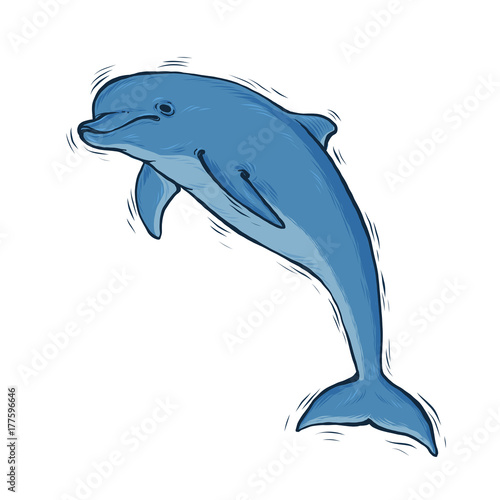 Hand drawn Blue dolphin with black line art