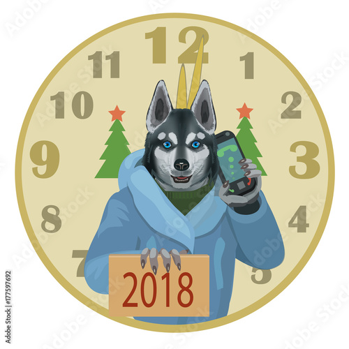 The dog Laika Husky a happy new year 2018/ The dog Laika with a mobile phone wishes all a happy new year 2018, the clock struck twelve, and there came the dog year! 