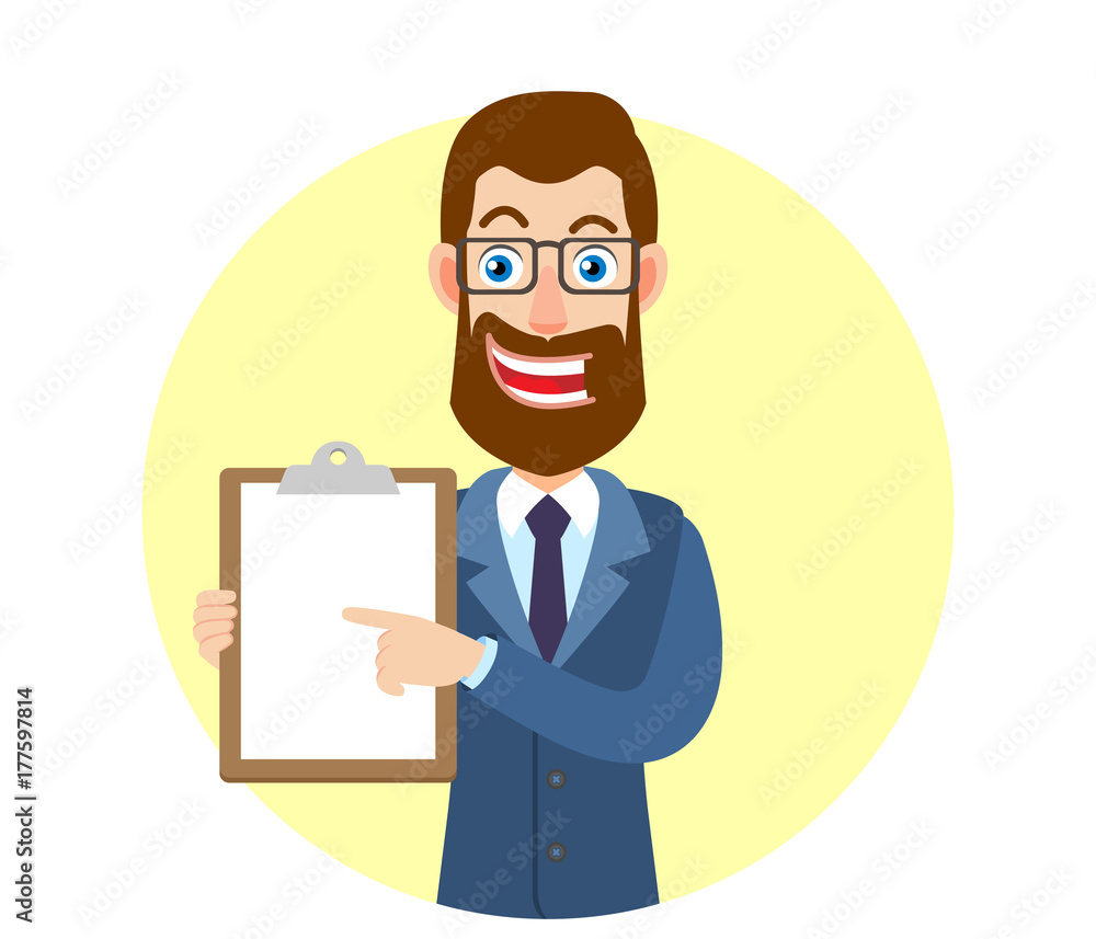 Hipster Businessman pointing at clipboard
