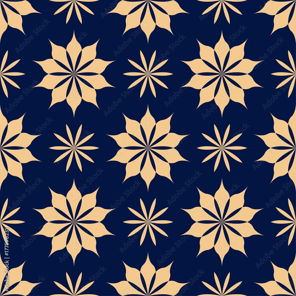 Golden floral element on dark blue background. Seamless pattern Golden floral element on dark blue background. Seamless pattern