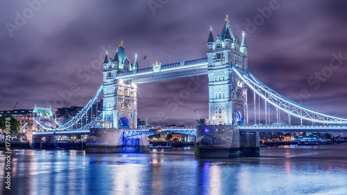 London, the United Kingdom: Tower Bridge on River Thames at night