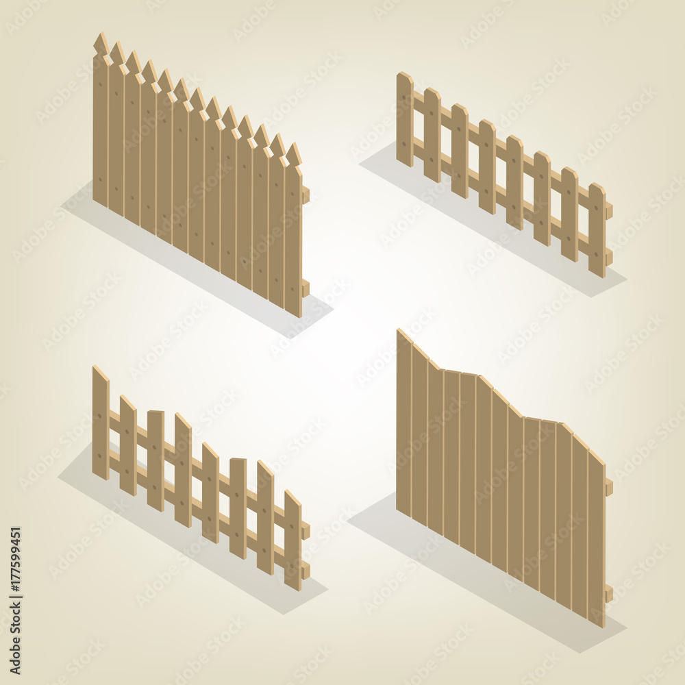 Obraz premium Set of isometric spans wooden fences, vector illustration.