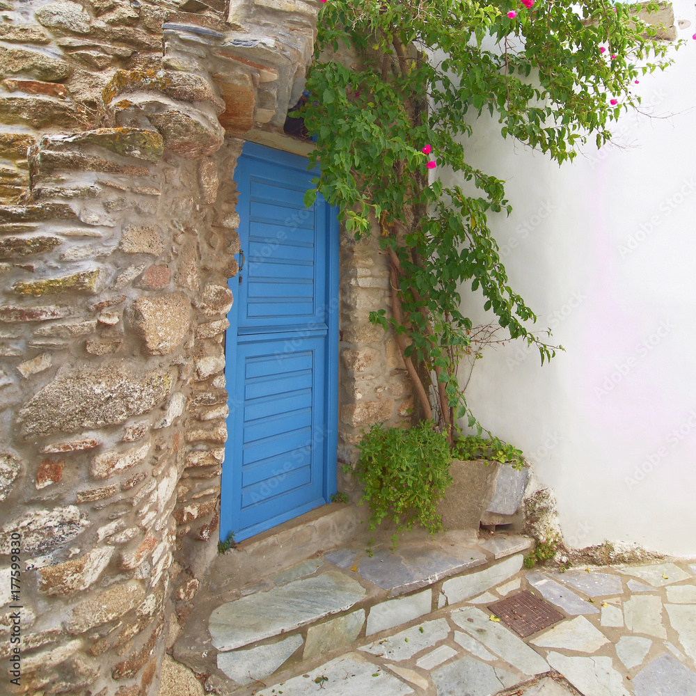 Fototapeta Greek island, blue door and flowerpot on stone wall