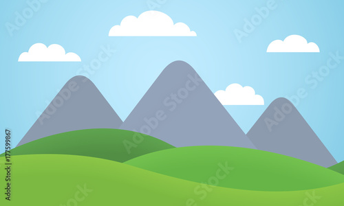 Cartoon colorful vector flat illustration of mountain landscape with meadow under blue sky