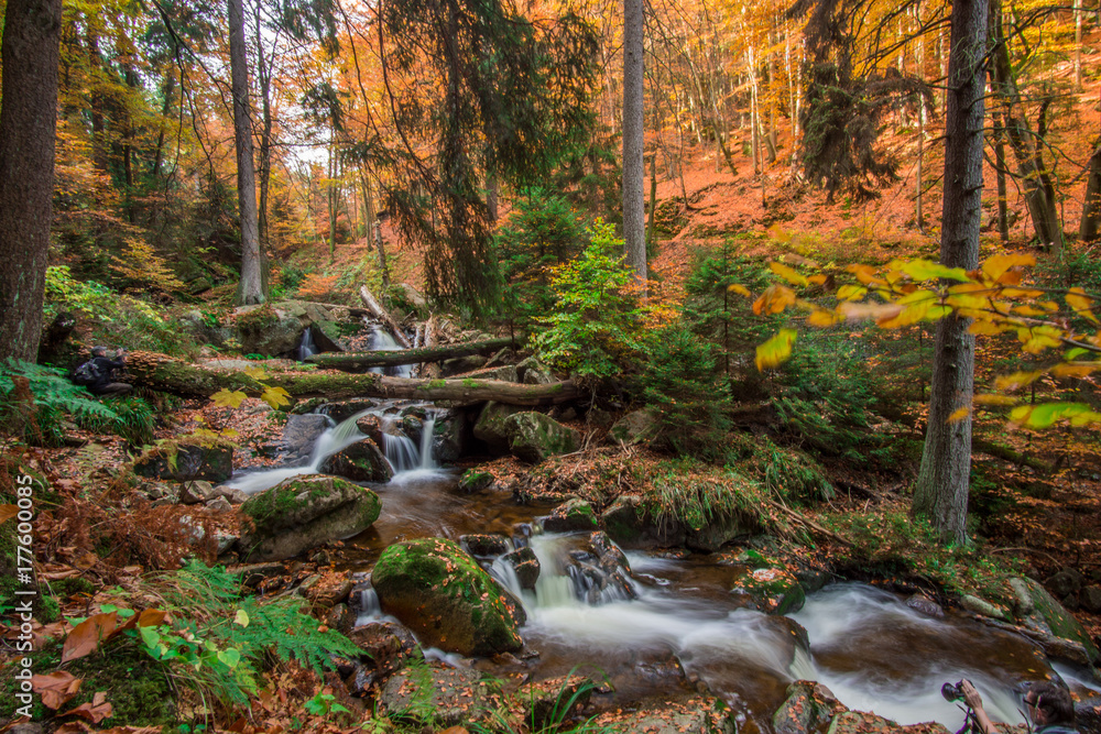 Mountain stream with waterfall in an autumn forest. time exposure Mountain stream with waterfall in an autumn forest. time exposure
