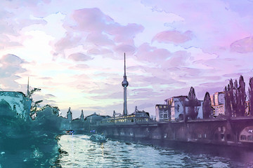 Fotobehang Aquarelschilderij wolkenkrabber  Berlijn met Alexanderplatz bij zonsondergang  © Solar Pictures