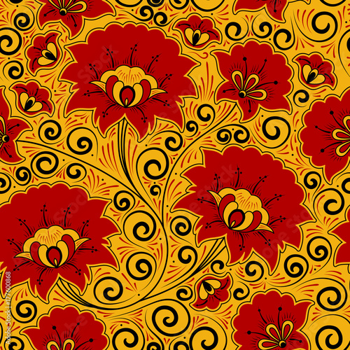 Russian khokhloma pattern seamless vector. Traditional embroidery flower ornament. Ethnic luxury floral background for fabric  wallpaper  souvenir card  home textile and painting folk craft design.