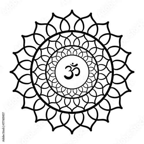 Mandala frame with Om symbol. Hand drawn oriental ornament for greeting card, invitation, coloring book, yoga poster.