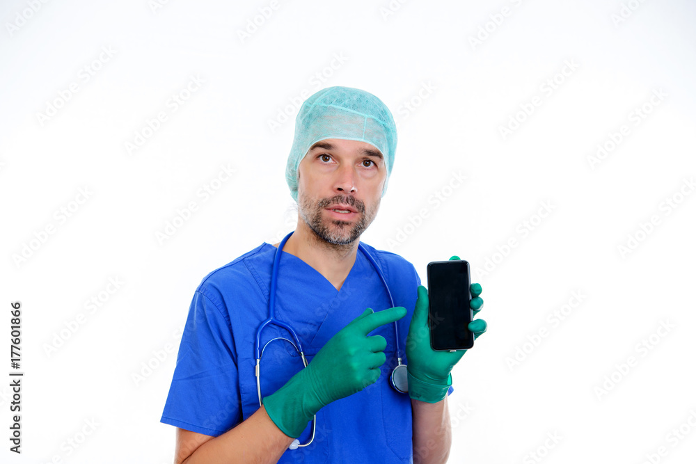 young doctor pointing of his phone young doctor pointing of his phone