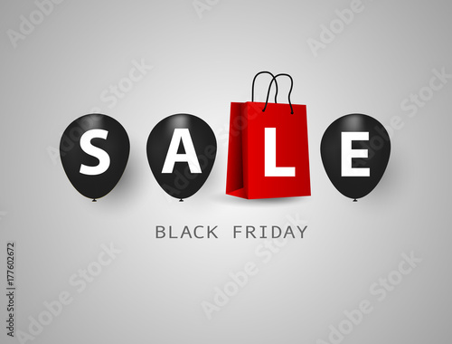 black balloons, concept design Black Friday Sale background.