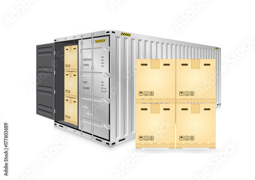 Cargo container vector isolated on white background. Metal box or equipment for storage at dock, port, warehouse. Freight transport by ship, crane, trailer truck for shipping, import export business.