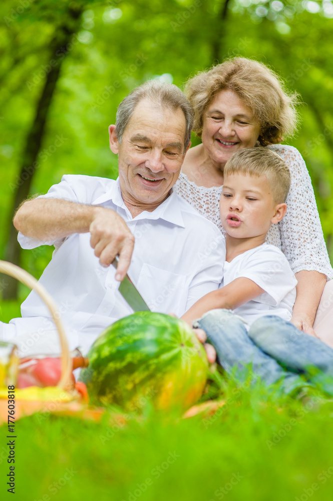 Happy elderly people with little boy cut a watermelon on a picnic outdoors Happy elderly people with little boy cut a watermelon on a picnic outdoors