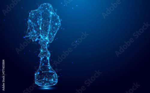 Hand holding chess from lines and triangles, point connecting network on blue background. Illustration vector