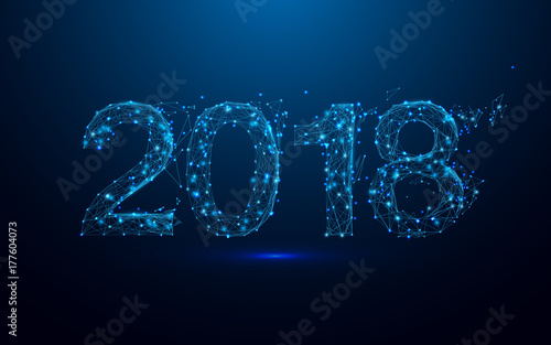 Happy new year 2018 and triangles, point connecting network on blue background. Illustration vector