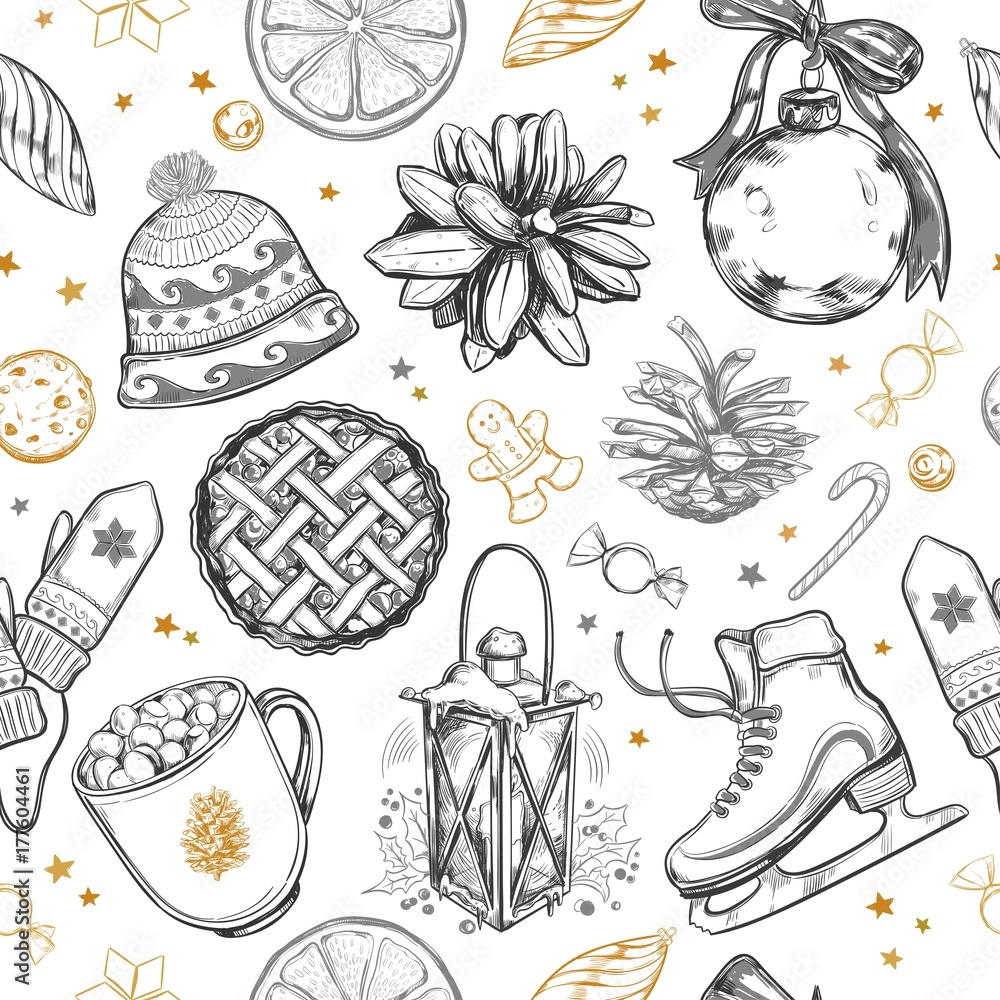 Merry Christmas and Happy New Year Seamless Pattern. Vector hand drawn winter elements . Print