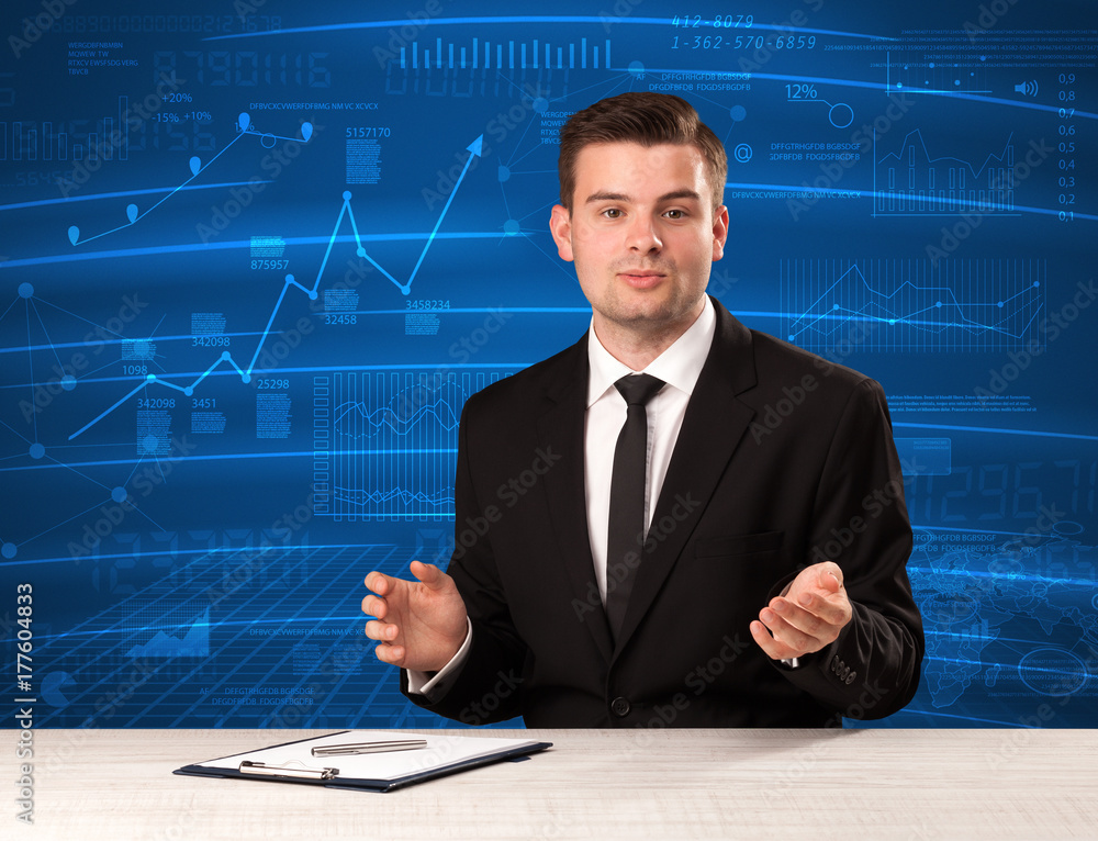 Stock data analyst in studio giving adivce on blue chart background Stock data analyst in studio giving adivce on blue chart background