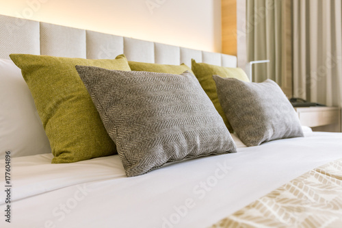 bed and pillows in modern bedroom