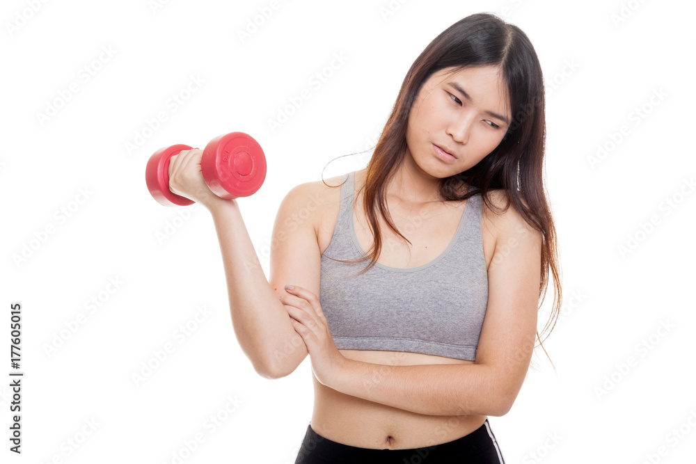 Asian healthy girl got arm pain with dumbbell. Asian healthy girl got arm pain with dumbbell.