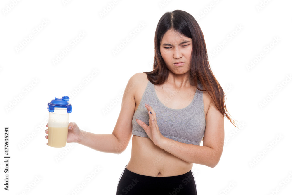 Beautiful Asian healthy girl hate whey protein. Beautiful Asian healthy girl hate whey protein.