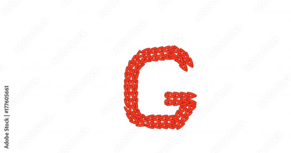 Knitting alphabet abc letter G in red color on white background. Christmas or New Year concept for banner, card, billboard, print or web site. 2D cartoon animation in 4K.
