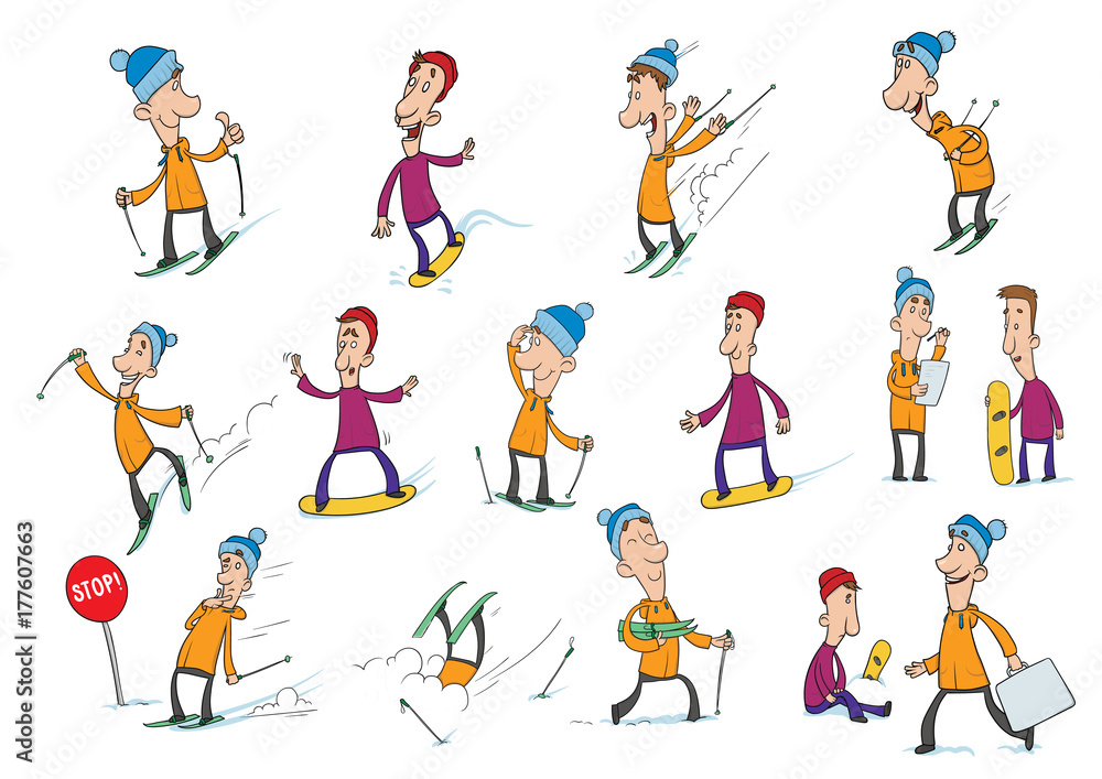 Cute cartoon characters, skier and snowboarder. Winter sports, snowboarding and skiing. Vector Illustration, isolated on white background.