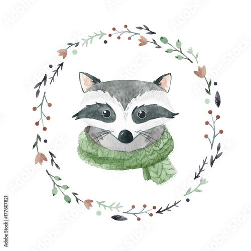 Watercolor raccoon vector portrait